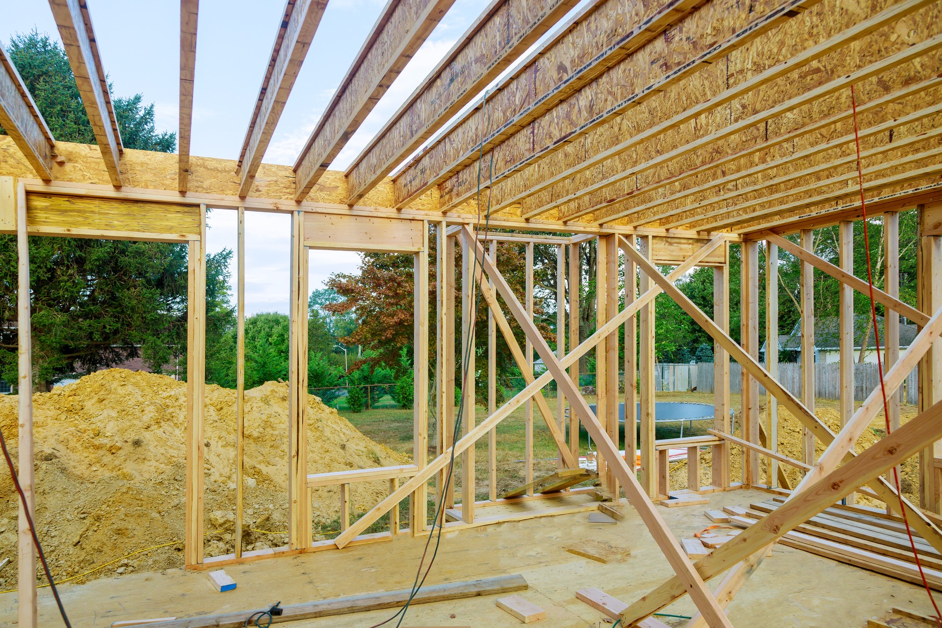 Under construction home framing interior view of house